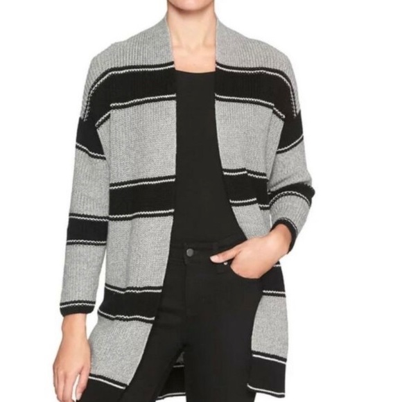 GAP Black Grey Stripe Open Textured Knit Cardigan